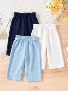 SHEIN Vintaside Kids 3-Piece Set Solid Color Baby Girl Casual Comfortable Versatile Button Wide-Leg Pants, Suitable For Daily Wear In Spring And Autumn, Outdoor - Multicolor - View 2
