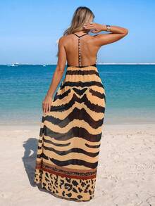 Swim Lushoire 26SS Spring/Summer Vacation Turquoise Print Backless Beaded Maxi Dress Cover-Up For Women Beach Sexy - Multicolor - View 4