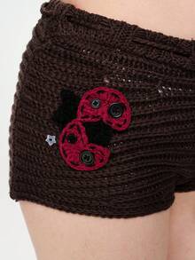 ROMWE Fairycore Cute Ladybug Print Shorts, Women Knit Pants, Spring/Summer - Brown - View 7
