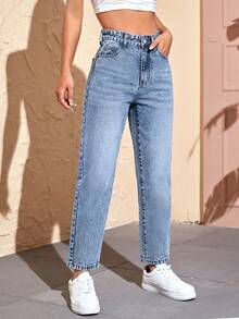 SHEIN PETITE بنطلون جينز دنيم مغسول بقصة ضيقة كاجوال للنساء الصغيرات - ازرق ضبابي - مشاهدة 3