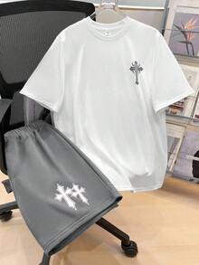 SHEIN 2件/套 青少年男孩休閒白色短袖T恤與十字印花短褲套裝，街頭龐克搖滾學院風，適合日常穿著、外出、派對、音樂節，適用於春夏季 - 灰色 - 查看 4