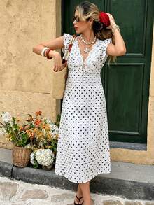 Elyressa Summer Elegant Romantic White With Black Polka Dots Print Lace Patchwork Sleeveless Dress Vacation - Black and White - View 5