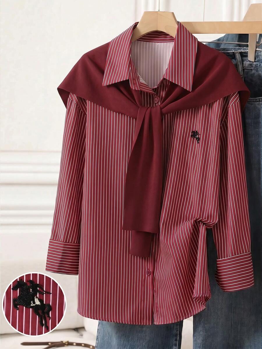 Franclia 女款學院風優雅高貴刺繡馬紋編織條紋拼接針織披肩 2合1 秋季長袖襯衫 辦公通勤酒紅色 - 酒紅色 - 查看 1