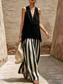 SHEIN Holidaya 2026春夏新款女款黑白兩件套，寬鬆垂領無袖上衣 + 高腰直條紋黑白長褲，休閒度假輕鬆日常穿搭，黑色紋理亞麻無袖上衣 - 黑色 - 查看 6