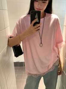 DAZY Kaos Wanita Manis Serbaguna dengan Leher Bulat dan Motif Renda untuk Kencan di Musim Panas - Berwarna merah muda - View 8