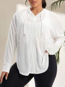 Breezaya Plus Size Women Casual Loose Fit Long Sleeve Zip-Up Sports Jacket Plus Size Running Jacket Plus Size Zip Up Hoodie - White - View 1