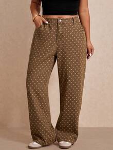Elaquor Plus Size Pocket Button Polka Dot Pattern Long Denim Jeans, Summer Outfits, Holiday, Commuter, Casual, Versatile Jeans, Brown Color, Work Wear. - Brown - View 1