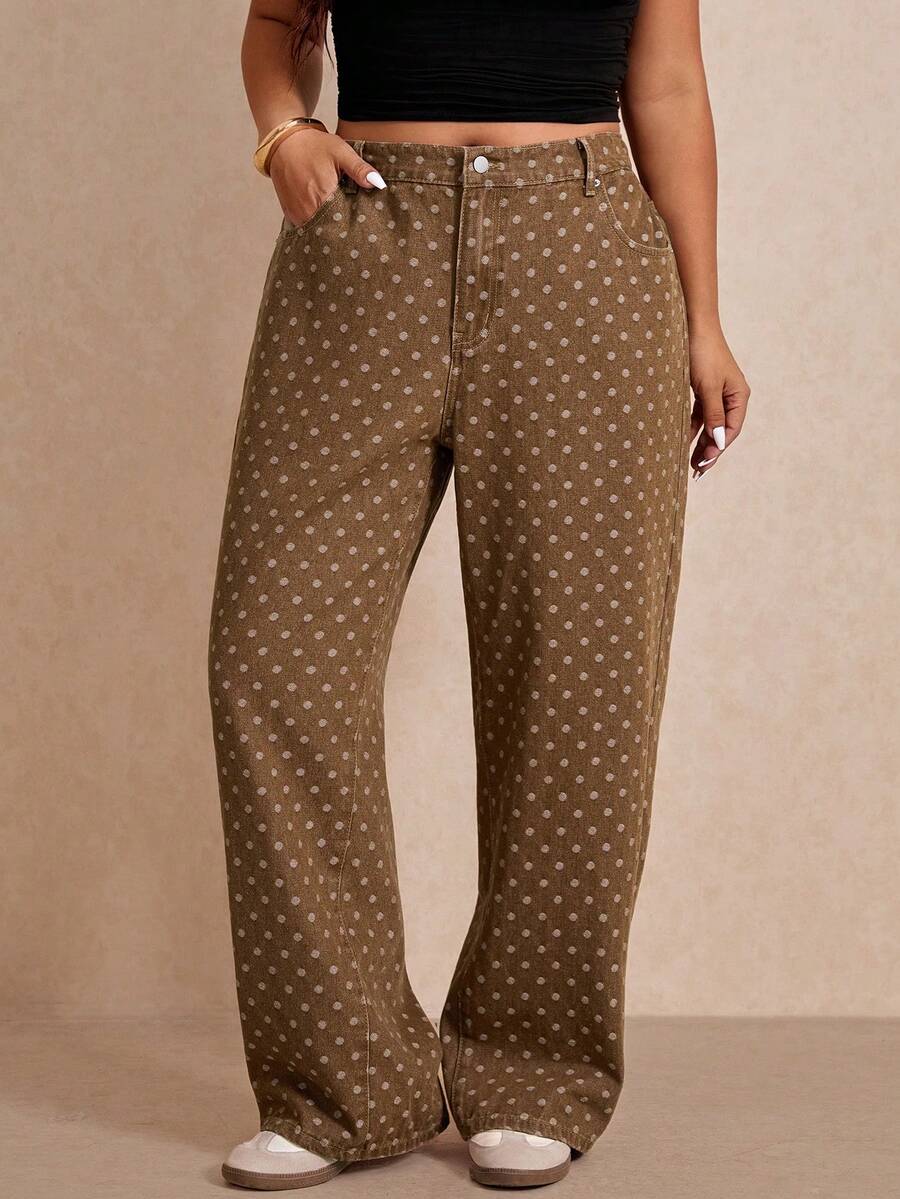 Elaquor Plus Size Pocket Button Polka Dot Pattern Long Denim Jeans, Summer Outfits, Holiday, Commuter, Casual, Versatile Jeans, Brown Color, Work Wear. - Brown - View 1