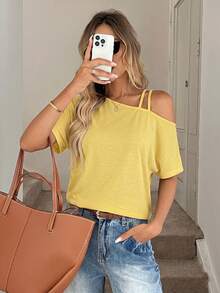 Easowa Casual Knit Asymmetrical Shoulder Double Strap Slanted Shoulder Women's T-Shirt Vacation Yellow Summer - Yellow - View 5