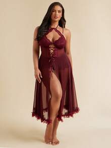 SHEIN BAE CURVE 加大码性感露背网眼睡袍，圆领，细肩带 - 紫紅色 - 查看 4