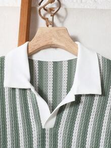 2pcs Tween Boys Spring/Summer Casual Preppy White & Red Striped Polo Shirt & Red Woven Shorts Set, Suitable For Summer Outdoor Outings - Green - View 6