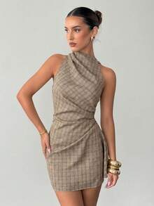 Siren Gaze Luxury Elegant Plaid Dress Halter Ruched Wrap Mini Dresses Summer Vacation Casual Going Out - Multicolor - View 4