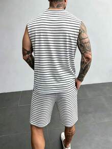 Manfinity Homme Men's Striped Versatile Crew Neck Tank Top And Pocket Drawstring Waist Casual Shorts Set - Multicolor - View 2