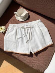 Comfortcana Women's Summer Casual Colorblock Trim Embroidered Shorts - White - View 3