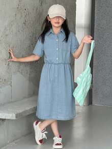 Dazy Kids 青少年女孩秋季服飾 青少年女孩牛仔短袖洋裝 夏季 - 淺色水洗藍 - 查看 3