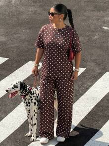 Muchica 2pcs/Set Plus Size Women Chocolate Brown Polka Dot Round Neck T-Shirt And Pants - Chocolate Brown - View 6