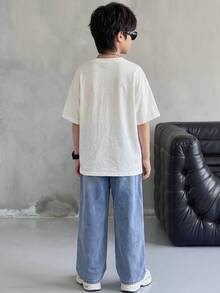 青少年男孩2件組休閒百搭舒適印花圓領寬鬆短袖套頭白色針織T恤牛仔梭織寬鬆長褲套裝，適合兒童服飾、男孩服裝、返校、派對、表演、婚禮、洗禮、日常、上學、旅行、運動，適用於春夏季 - 白色 - 查看 2