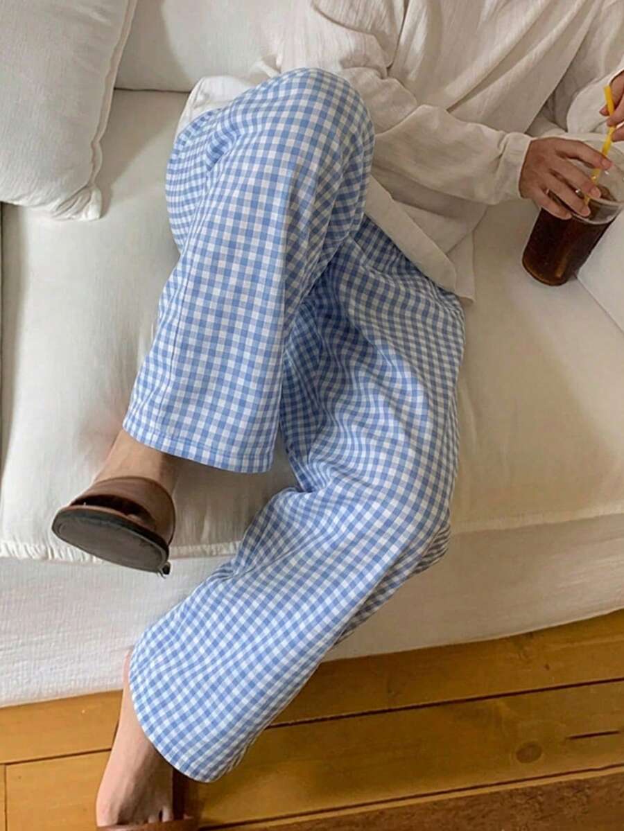 DAZY Long Plaid Design Elastic Waist Men's Loungewear Bottoms - Blue - View 1
