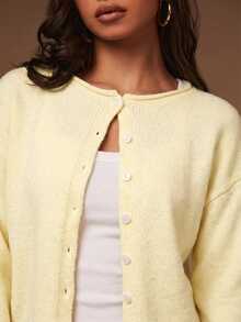 Athîral Petite Women's Petite Solid Color Off-Shoulder Long Sleeve Single-Breasted Casual Knit Cardigan, Suitable For Dating And Gatherings Office Pale Yellow Autumn - Yellow - View 6