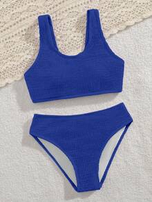 SHEIN Set Bikini untuk Anak Perempuan Remaja, Set Baju Renang Modis dan Sopan dari Kain Rajut Bergelombang, Cocok untuk Liburan, Berenang, dan Pantai Musim Panas - Royal Blue - View 6