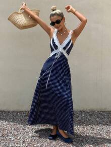 DAZY Polka Dot Contrast Lace Trim Spaghetti Strap Dress Elegant Romantic Sexy Vacation Summer Women's Long Dress Sundress Navy Blue Polka Dot - Blue - View 5