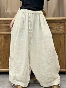 SHEIN Holidaya Apricot Cinched Waist Loose Split Patchwork Trousers, Holiday, Vacation, Island Vacation - Khaki - View 6