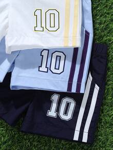 Souflis Souflis 3pcs/Set Toddler Infant Baby Boys Casual Pocket Elastic Waist Shorts, Decorative Rope, Side Stripe Design, Versatile All-Match Fit, Sun Protection, Cool Touch, Suitable For Daily, School, Vacation Travel, Sports - Purple - View 6