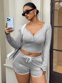 Dazy Plus Solid Color Elastic Bodycon Half-Open Front Cropped Blogger Casual Streetwear Top Ultra Mini Tight Shorts 2pcs Set Plus Size Women Autumn White Office - Grey - View 7