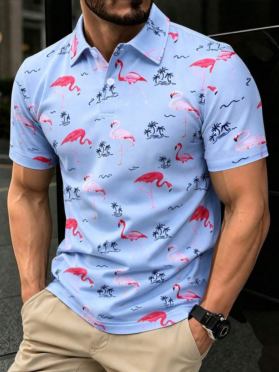 Manfinity Homme Men's Short Sleeve Button Pattern Print Polo Shirt - Multicolor - View 1