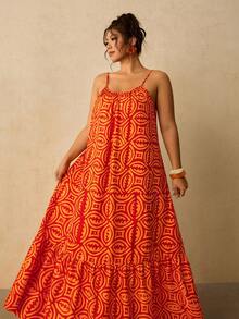 Travachic Plus Size Sleeveless Spaghetti Strap Geometric Print Dress Vacation Red Summer Boho Beach Vacation - Orange - View 3