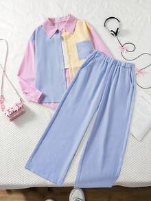 Elladie kids 女童 3 件套休閒個性清新套裝，粉色、藍色、黃色拼接；開襟衫 + 條紋長褲 + 白色針織細肩帶背心，校園秋季 - 彩色 - 查看 4