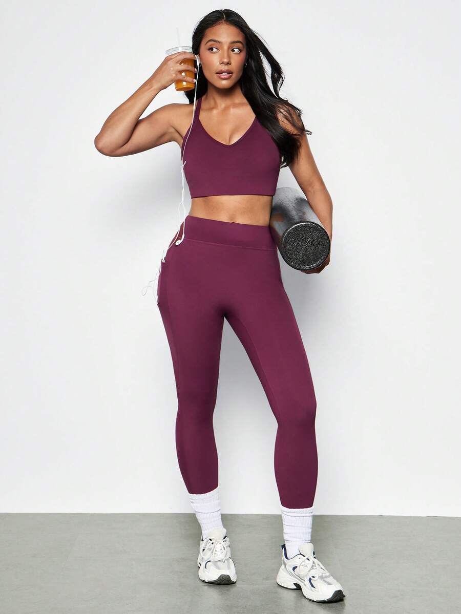 Levarali Plus Size Women Solid Color Cropped Camisole And Leggings Sports Suit Gym Sports Dark Purple Summer - Burgundy - View 1