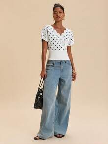 Travachic Damen Polka Punkt Muster V-Ausschnitt Kurzarm Strick Top - Schwarz und Weiss - Übersicht 7