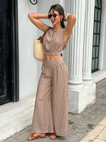 Serisse Women's Vacation Casual Tropical Brown Striped Tank Top And Long Pants 2 Pieces Set Summer Beach - Brown - View 6