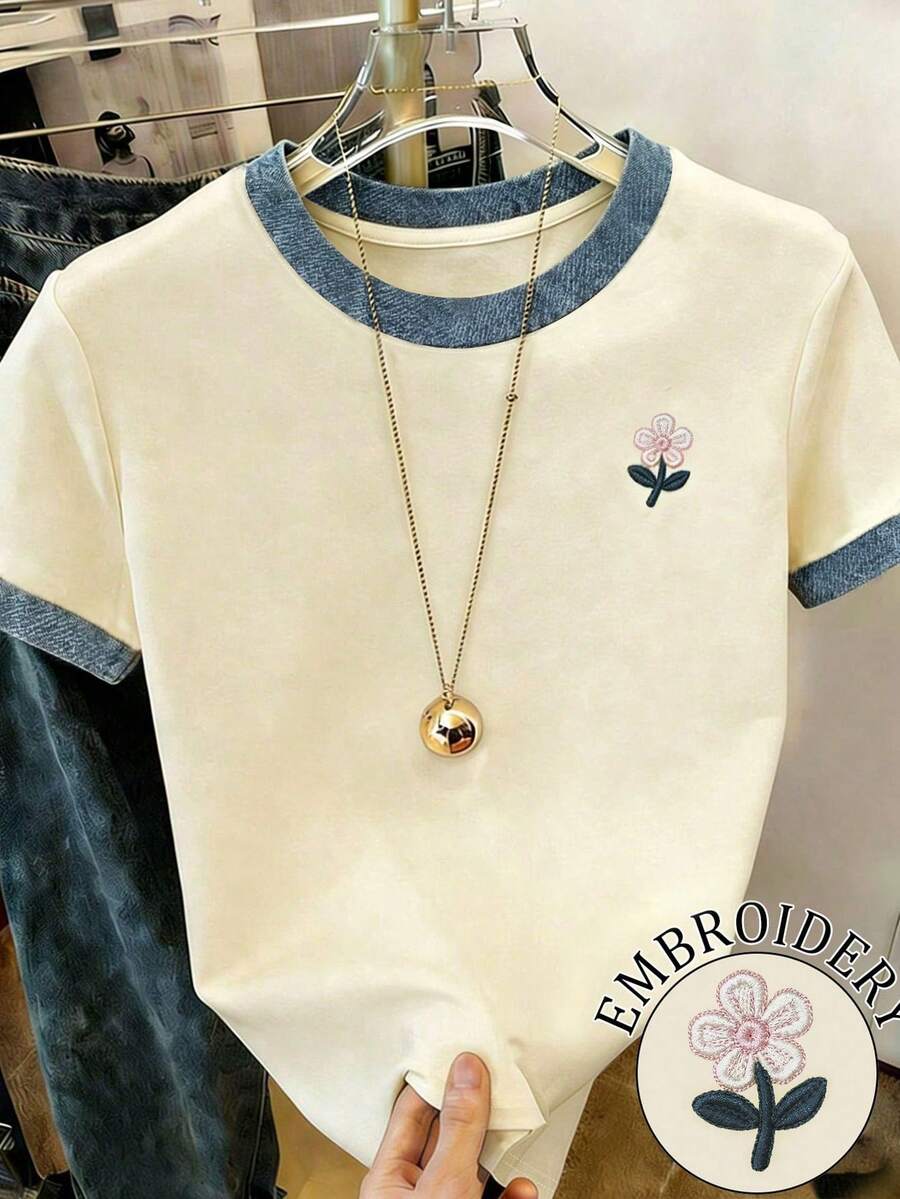 Resyla 女士户外休闲运动T恤,夏季新品,户外休闲服,多色可选,杏色,花卉印花设计,适合度假和约会,女士短袖T恤 - 彩色 - 查看 1