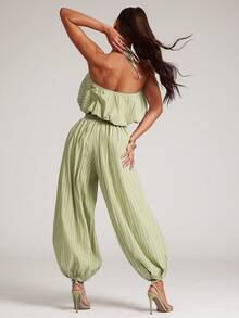 NYA SZN Matching Set Top & Pant Halter Top Balloon Hem Striped Barrel Leg Trouser Jogger Warm Weather Club Day Outfits For Women - Green - View 2