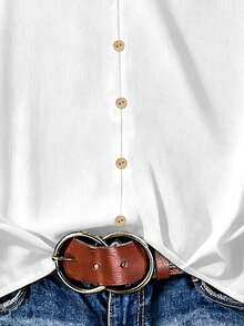EMERY ROSE Plus Size Lace Patchwork V-Neck Button Decor Shirt Suitable For Summer Wear - White - View 6
