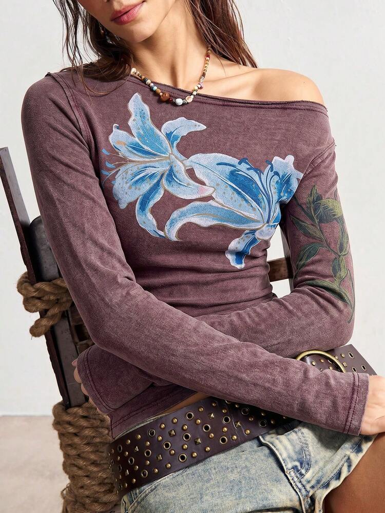 Bohemela BOHO 情人節音樂節度假休閒純色針織露肩長袖女款T恤 - 紫紅色 - 查看 3