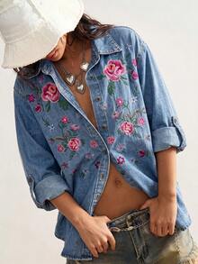 Bohemela Women's Vacation Casual Boho Floral Embroidered Shirt Vacation Blue Floral Summer - Baby Blue - View 3