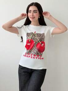 Yasmeen Edit Yasmeen Edit Leopard Print Cherry Graphic Round Neck Casual Short Sleeve T-Shirt For Women White Summer - White - View 1