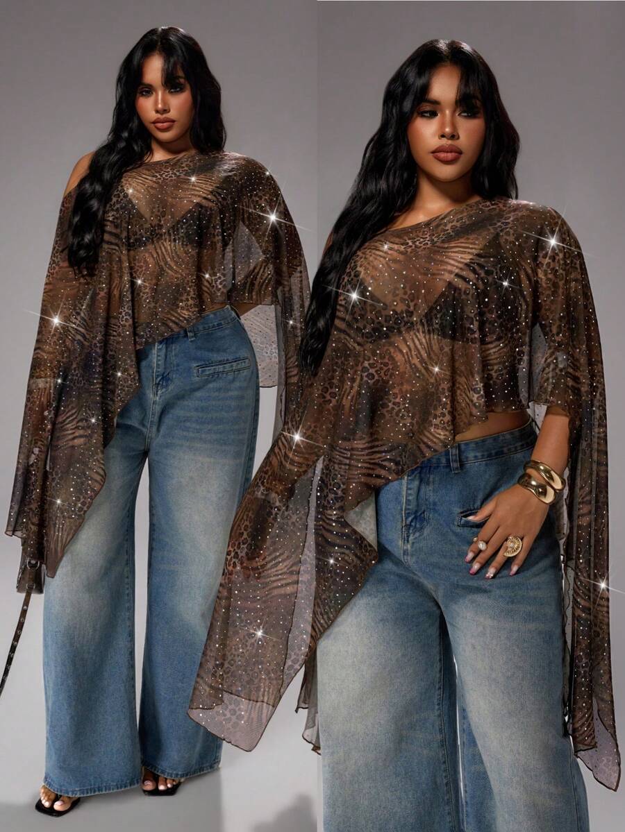 Rustia Plus Size Women's New Leopard Print Colorful Sequin Asymmetrical Shoulder Asymmetrical Hem Spring/Summer Cover-Up Shirt Cover Up Fall - Multicolor - View 1