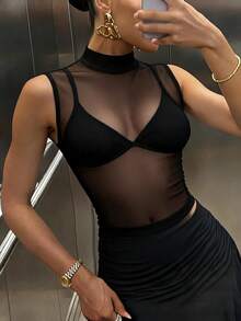 SHEIN SXY Sheer Mesh Mock Neck Solid Tank Top - Black - View 2