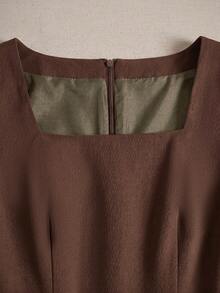 SHEIN Franclia 女士珍珠领短袖方领修身A字连衣裙，优雅纯色，适合出席宾客、宴会、生日、派对等场合，夏季/秋季穿着，棕色 - 咖啡棕 - 查看 8