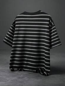 PAVTROS Men's Plus Size Casual Striped Short Loose Fit T-Shirt, Versatile Everyday Striped T-Shirt - Black and White - View 2