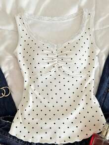Franclia European American Sexy Cute Black White Small Polka Dot Lace Trim Plus Size Tank Top With Ruched Chest Elastic Slim Fit Sleeveless Undershirt Brunch - White - View 1