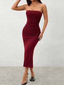 SHEIN PETITE Stil Farbverlauf Mesh Trägerloses Bodycon Kleid, Petite Frauen - Bordeaux - Übersicht 7