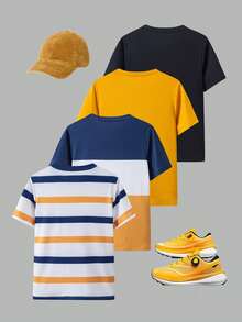 4pcs Striped, Color Block, Black, Yellow Casual Sports T-Shirt Combo Pack, Versatile For Teens, Spring/Summer - Multicolor - View 2