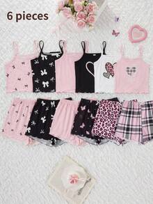 6pcs Teen Girls Summer Casual Comfortable Cute Cartoon Heart, Bow, Cherry Print Camisole & Shorts 3-Piece Pajama Set - Multicolor - View 1