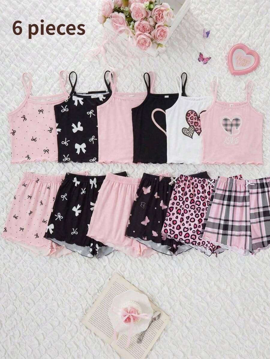 6pcs Teen Girls Summer Casual Comfortable Cute Cartoon Heart, Bow, Cherry Print Camisole & Shorts 3-Piece Pajama Set - Multicolor - View 1