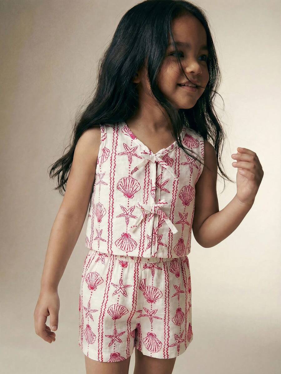 Maija Kids Maija Kids 2件組少女休閒度假優雅都市可愛貝殼海星圖案編織背心上衣與短褲套裝,適合日常休閒穿著、旅行、派對、假期、春夏季 - 粉色 - 查看 1